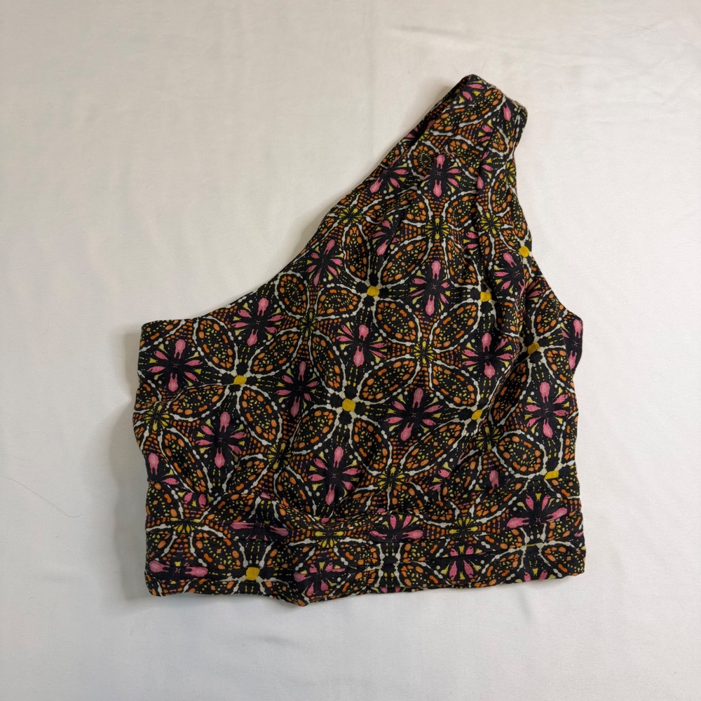Anthropologie One Shoulder Linen Crop Top Orange Pink Mosaic OB1745817 XS